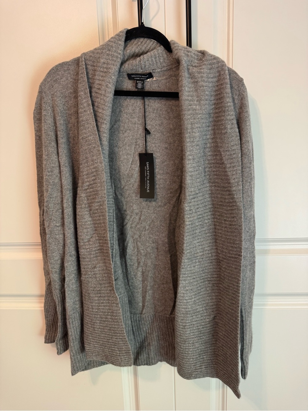 Saks Fifth Avenue Light Gray Cashmere Ribbed Shawl Cardigan